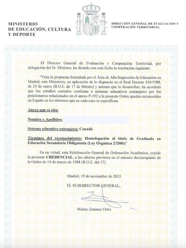 certificado convalidacion curso canada