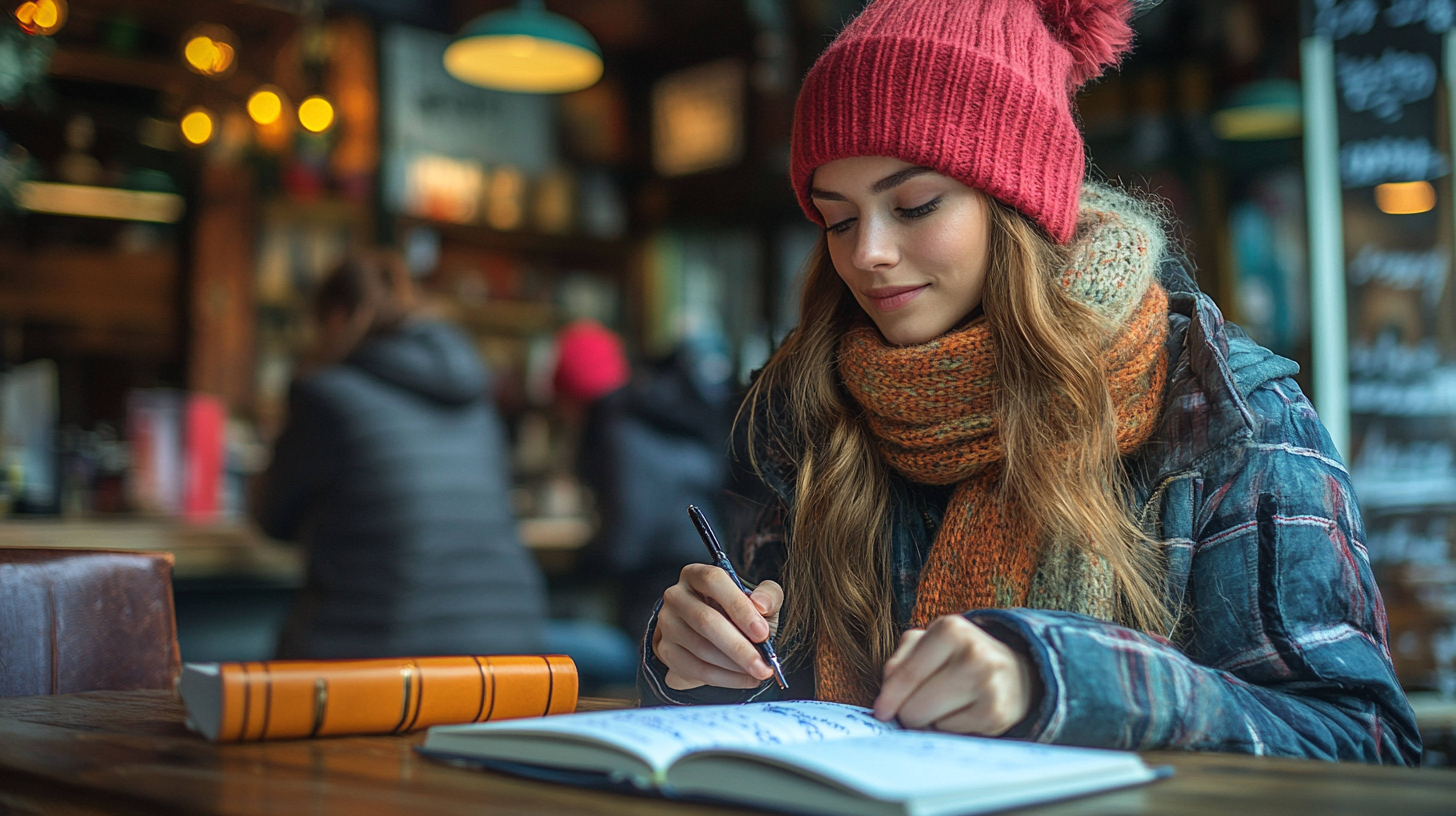 young-woman-writing-notebook-cozy-cafe